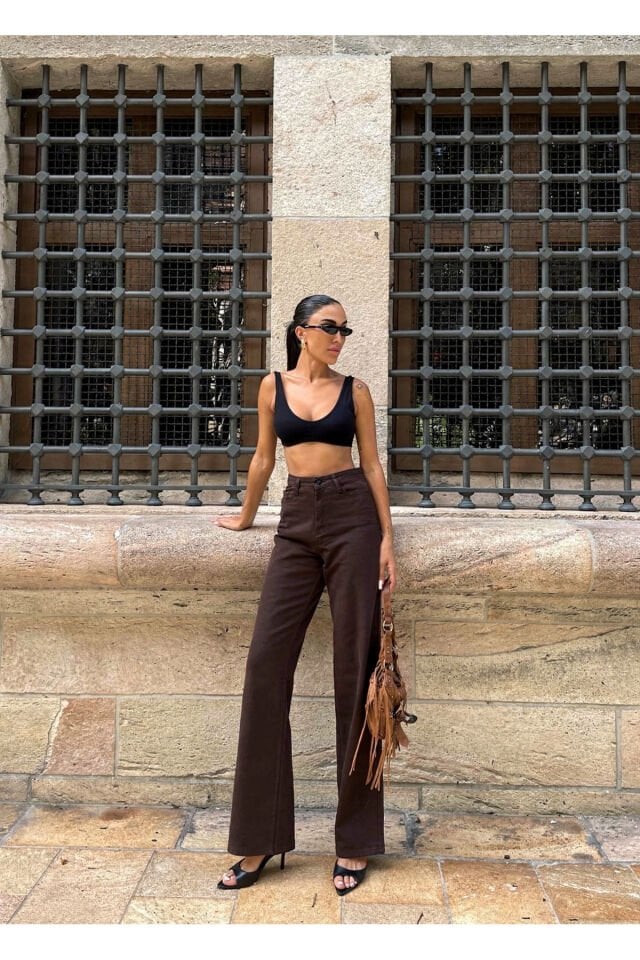 Acı Kahve Yüksek Bel Palazzo Pantolon Modern Premium Luxury Trend Tasarım Pantolon