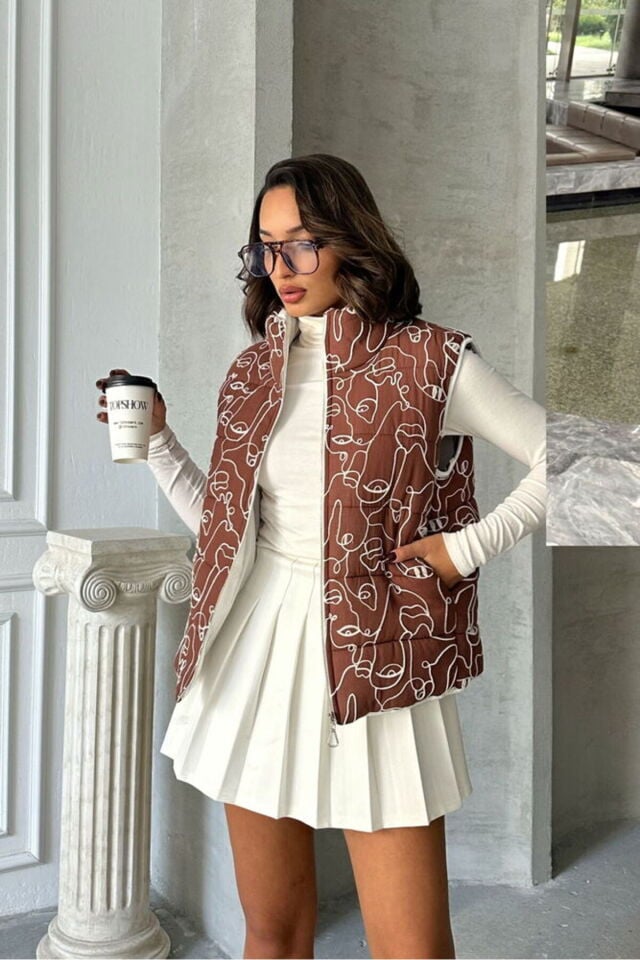 Kahve Pembe Desenli Elyaflı Şişme Şık Premium Luxury Trend Özel Tasarım Kadın Yelek