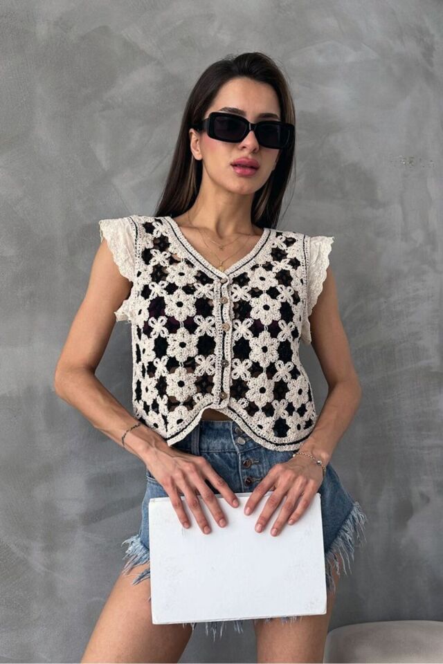 Taş Çiçek Desenli Örme %100 Pamuk Kadın Premium Luxury Trend Tasarım Düğmeli Yelek