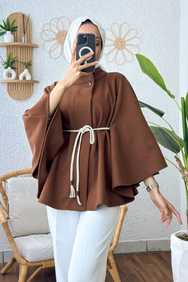 Örgü Kuşaklı Kaşe Kumaş Kadın Kışlık Trend Premium Luxury Şık Düğmeli Panço