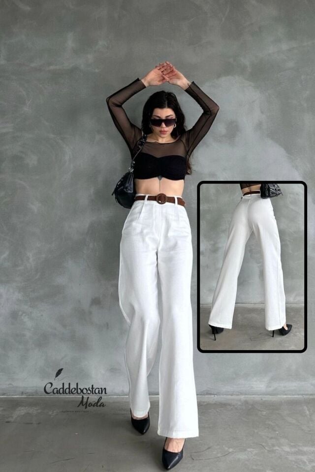 Beli Kemerli Keten Kadın Siyah Pantolon