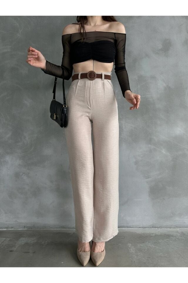 Beli Kemerli Keten Kadın Bej Pantolon