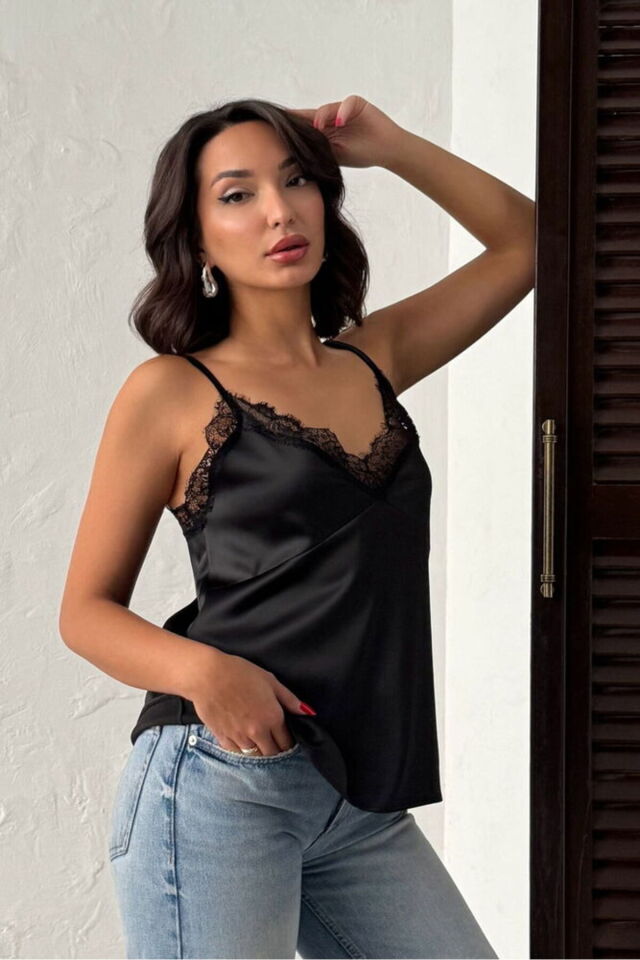 Siyah Dantel Detaylı Saten Atlet Bluz Modern Premium Luxury Trend Tasarım Bluz