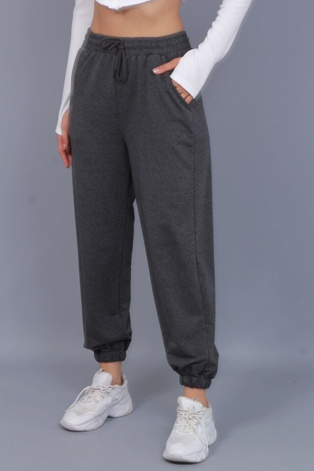 Bel ve Paça Lastikli Kadın İki İplik Antrasit Alt Eşofman