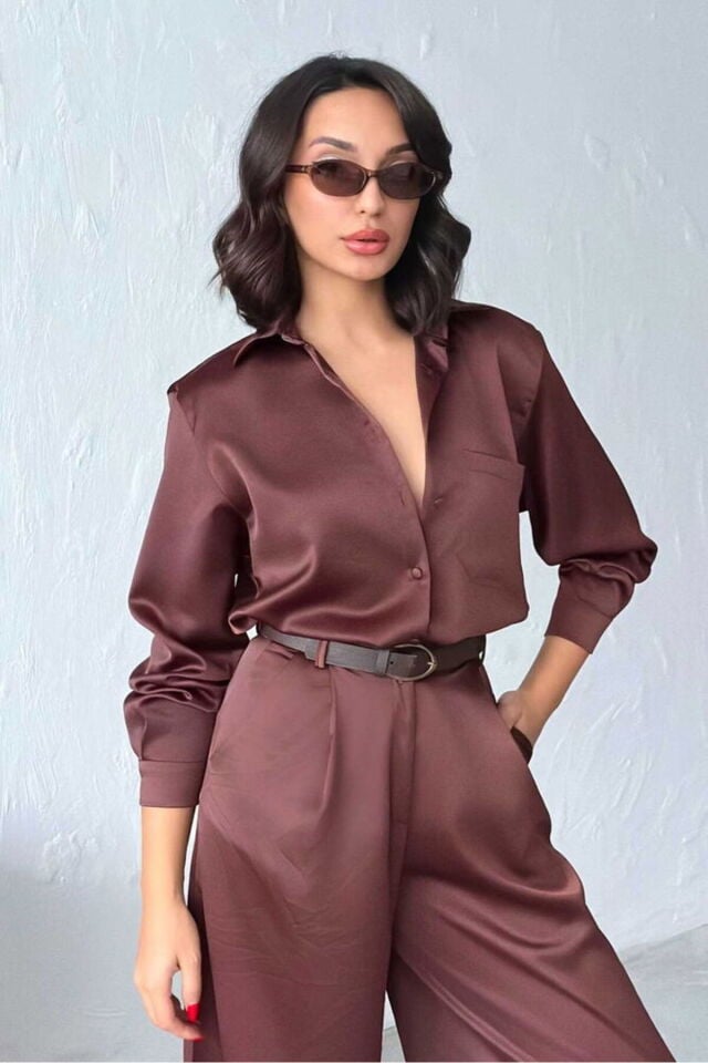 Kahverengi Saten Gömlek Modern Premium Luxury Trend Tasarım Gömlek