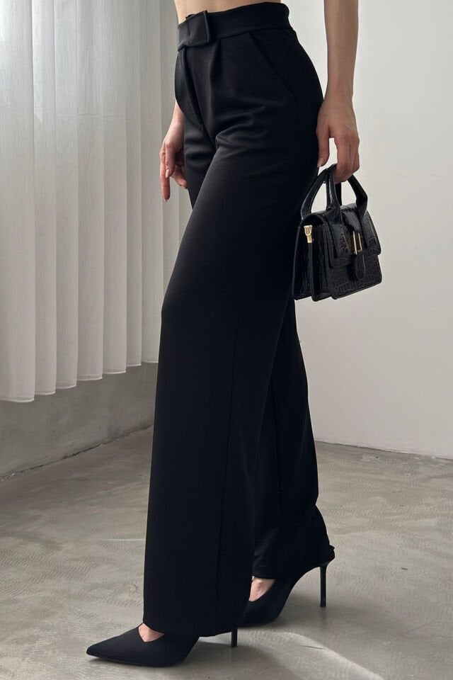 Kadın Siyah Yüksek Bel Pileli Palazzo Pantolon