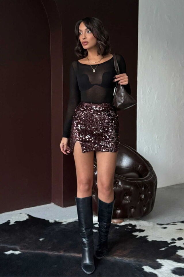 Kahve Pullu Kadife Payet Mini Etek Modern Premium Luxury Trend Tasarım Etek