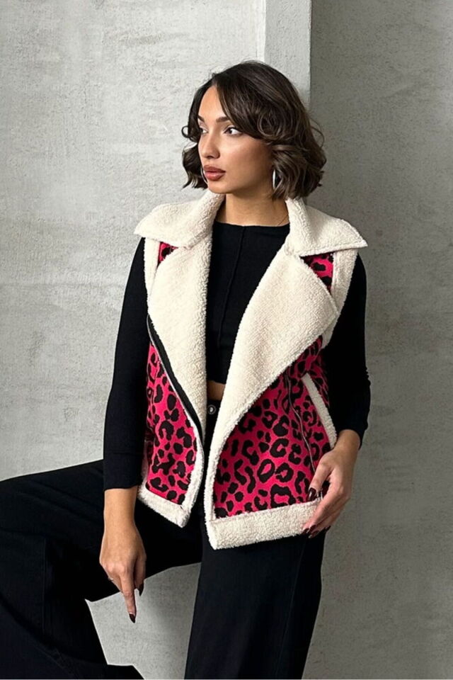 Fuşya Peluş Leopar Kürklü Çift Cepli Kadın Premium Luxury Trend Tasarım Yelek