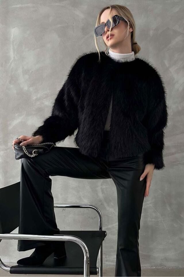 Siyah Kadın Suni Kürk Ceket Modern Premium Luxury Trend Tasarım Mont
