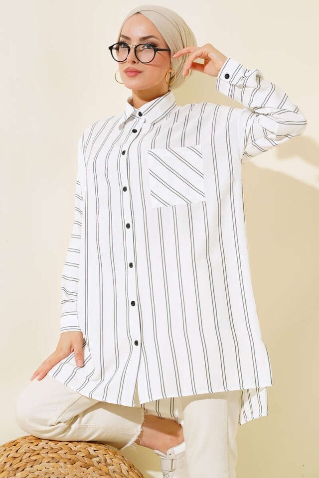 Çift Çizgili %80 Pamuklu Kadın Uzun Rahat Yazlık Tunik Beyaz Detaylı
