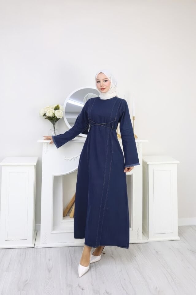 Lacivert Denim Çift Bağcık Detaylı Uzun Kot Jean Tesettür Elbise