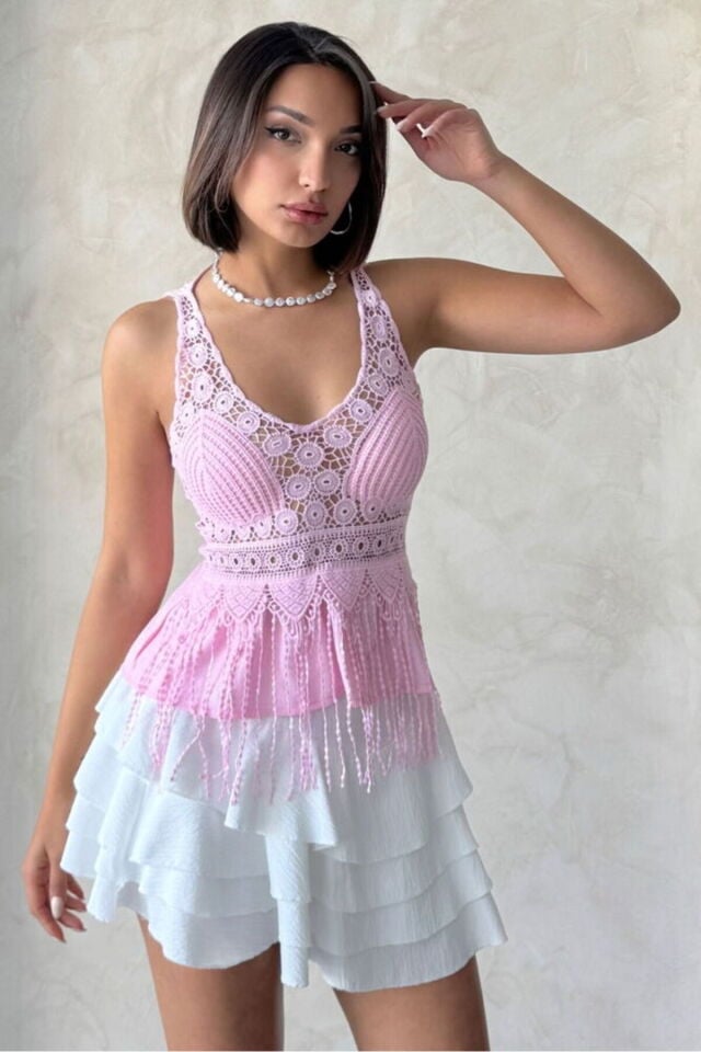 Kadın Güpür Detaylı Askılı Bohem Bluz Püsküllü Dantelli Şık Crop Üst